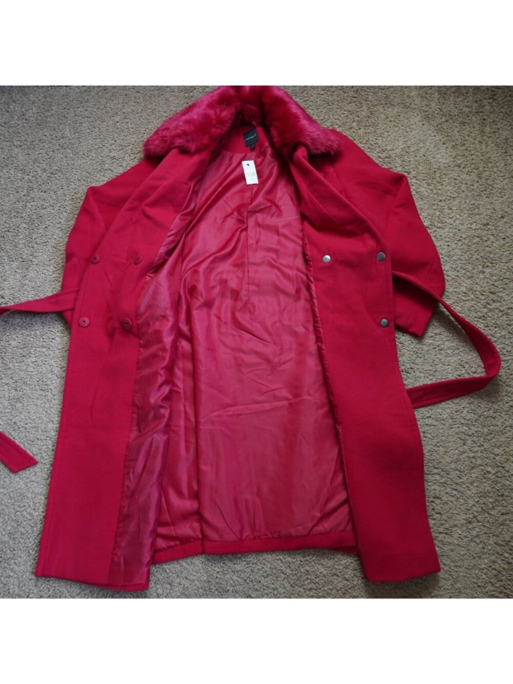 NWT Lane Bryant Trench Coat Womens 14/16 Red Removable Faux Fur Collar Belt - Picture 3 of 15